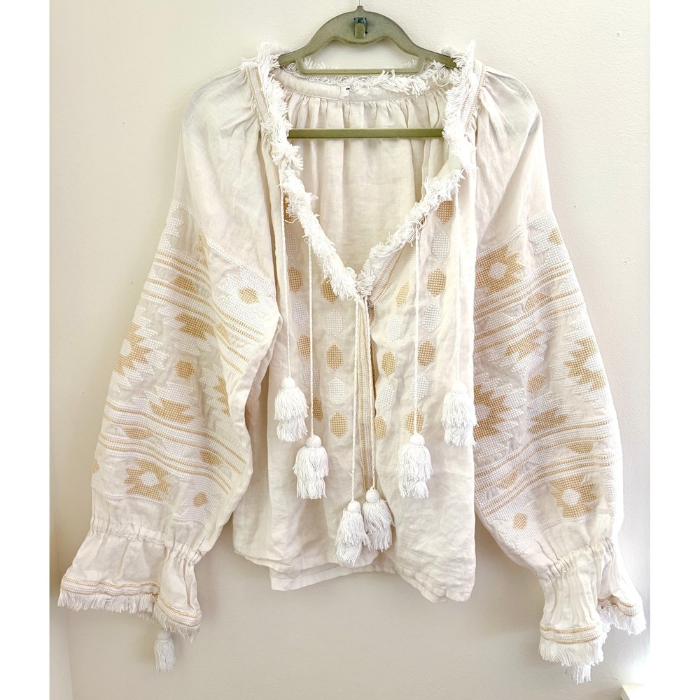 Ukrianian‎ Vintage Style Cream Linen Embroidered Top Large Boho Folk Blouse - Picture 4 of 10